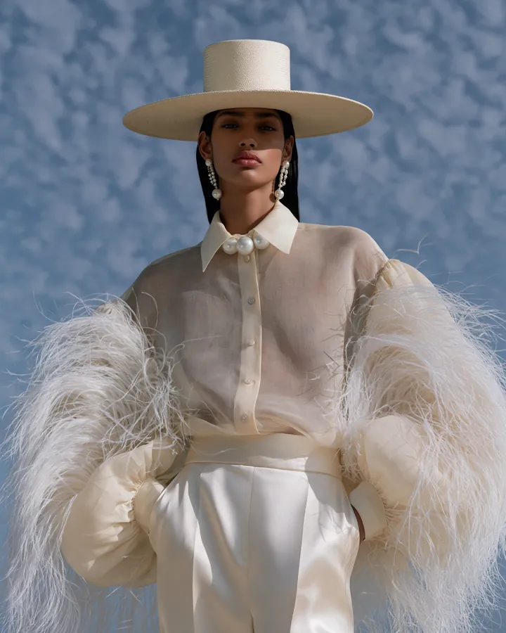 Model in cream tailoring and feathered sleeves beneath a wide-brim hat against a blue sky.