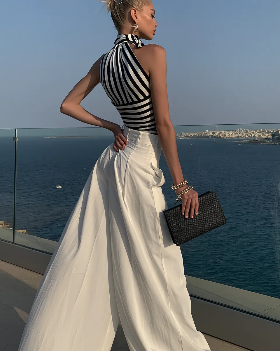 Model in black-and-white resort tailoring overlooking a bright coastal harbour.