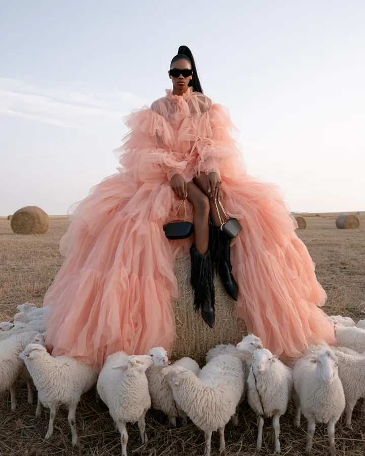 Model in an oversized blush tulle gown seated above a flock of sheep in a harvested field.