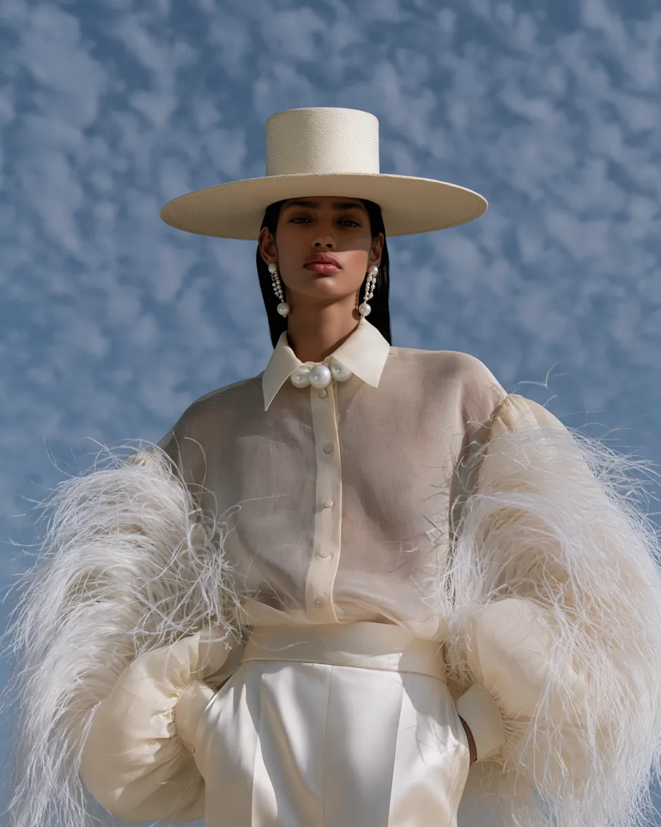 Model in cream tailoring, pearls and feather-trimmed sleeves under a clear blue sky.