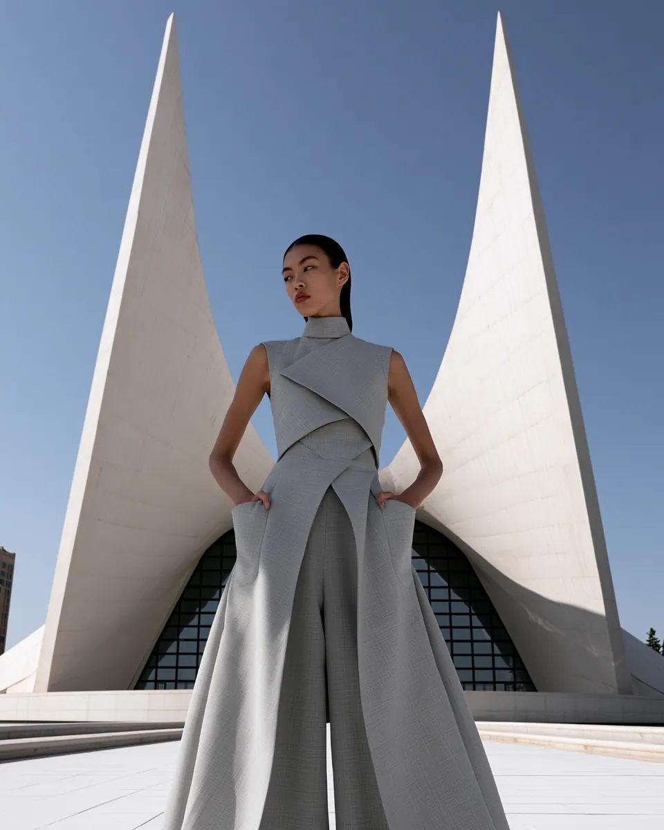 Model in sculptural grey tailoring framed by symmetrical white monumental architecture.