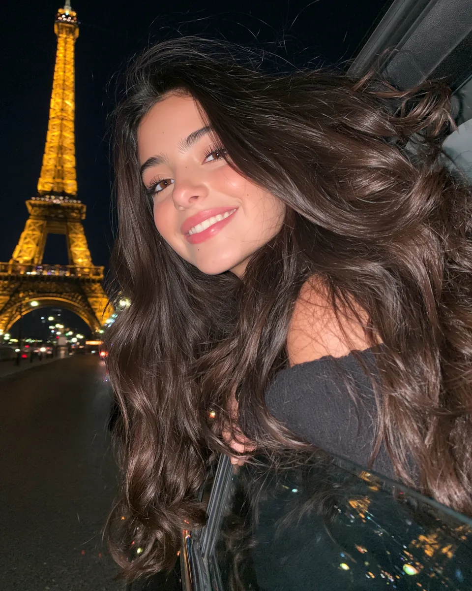 Brunette leaning from a car at night with the illuminated Eiffel Tower behind her.