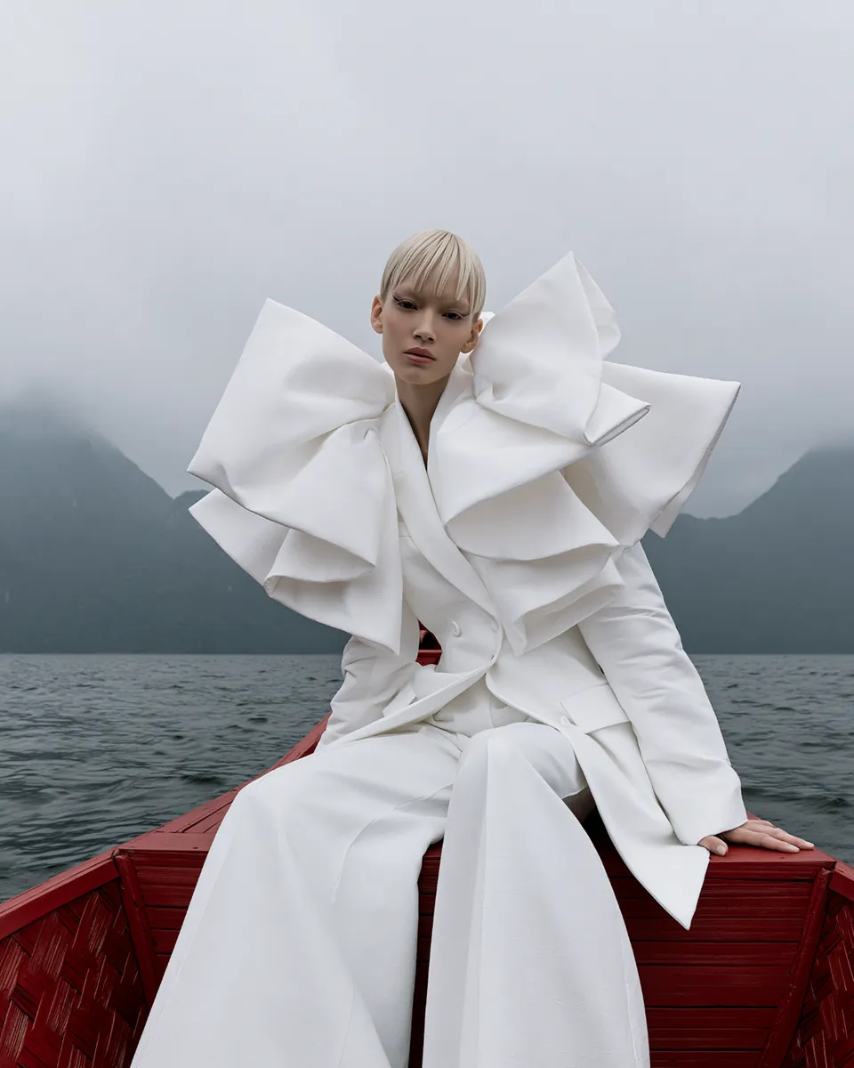 Model in sculptural white tailoring seated in a red wooden boat on a misty mountain lake.