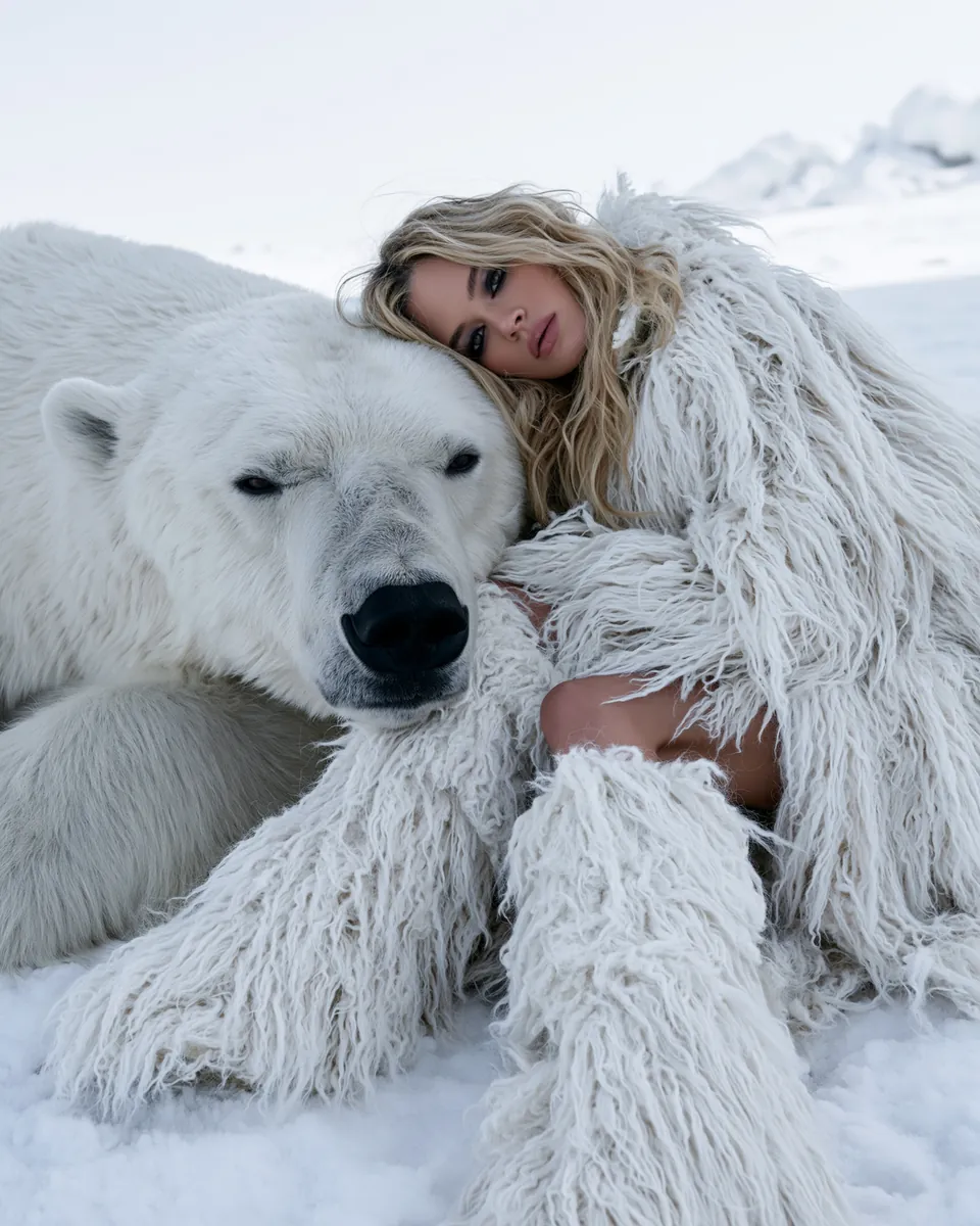 Model in white shaggy outerwear resting beside a polar bear in a snowy landscape.